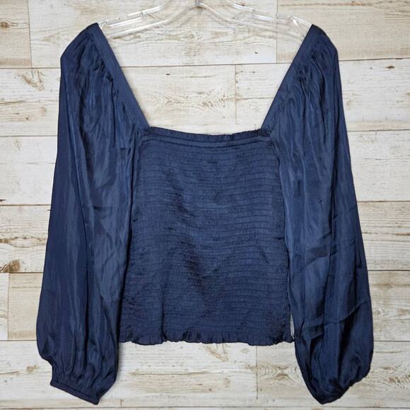 J.Crew Peasant Blouse Square Neck Smocked Top Balloon Sleeve SZ XS BD635 Satin - Picture 1 of 12